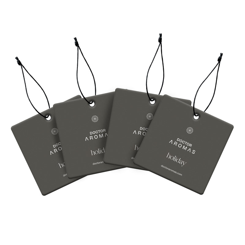 Set of four dark gray square car perfume air fresheners with black strings and white holiday text. - Car Perfume x4 Bundle | Holiday - Holiday - Doctor Aromas