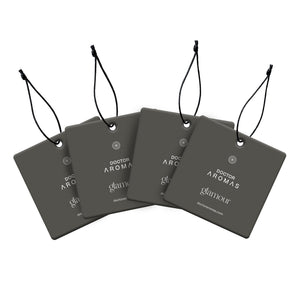 Set of four dark gray square car perfumes with black adjustable hanging cords and white "Glamour" text on front. - Car Perfume x4 Bundle | Glamour - Glamour - Doctor Aromas