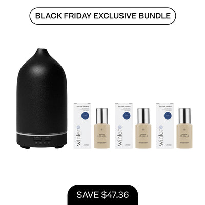 Matte black ceramic aromatherapy stone diffuser with three bottles of essential oil drops and box packaging. - Aromatherapy Stone Diffuser + 3x Diffuser Drops | BFCM Exclusive Bundle - Hope / White - Doctor Aromas