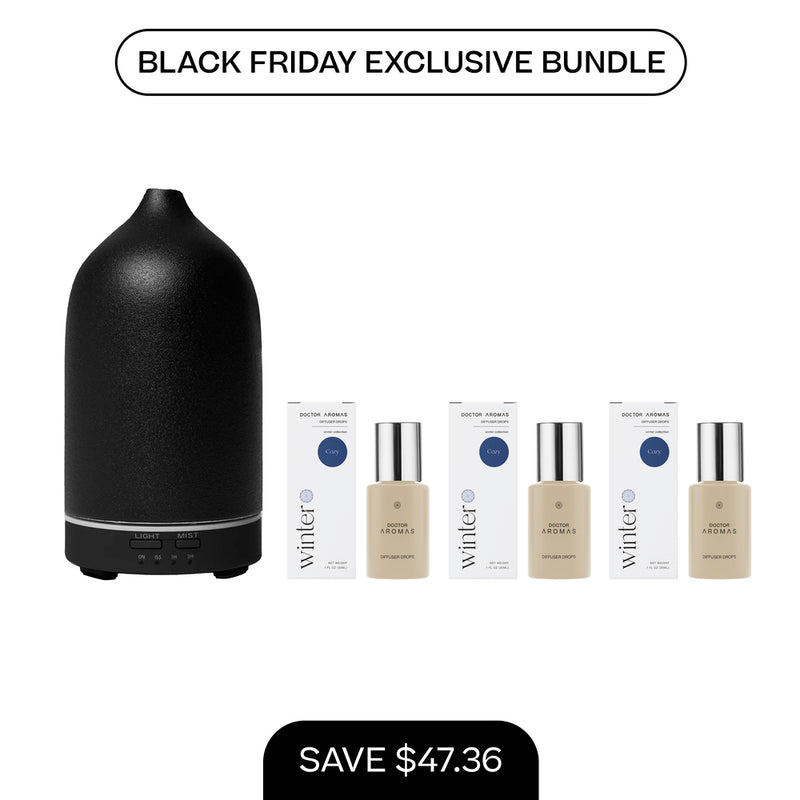 Matte black ceramic aromatherapy stone diffuser with three bottles of essential oil drops and box packaging. - Aromatherapy Stone Diffuser + 3x Diffuser Drops | BFCM Exclusive Bundle - Hope / White - Doctor Aromas
