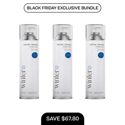 Three tall white cylindrical A/C scent refill bottles with clear caps, labeled "Winter" in gray and blue text, arranged side . - A/C Scent Refill 17.1 oz x3 | BFCM Exclusive Bundle - Hope - Doctor Aromas