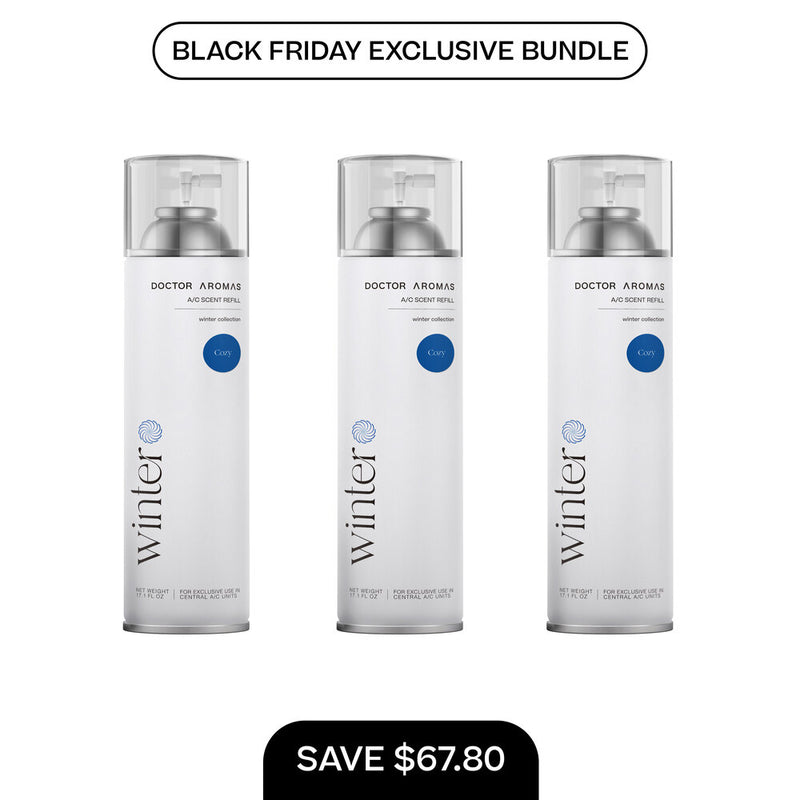 Three tall white cylindrical A/C scent refill bottles with clear caps, labeled "Winter" in gray and blue text, arranged side . - A/C Scent Refill 17.1 oz x3 | BFCM Exclusive Bundle - Hope - Doctor Aromas