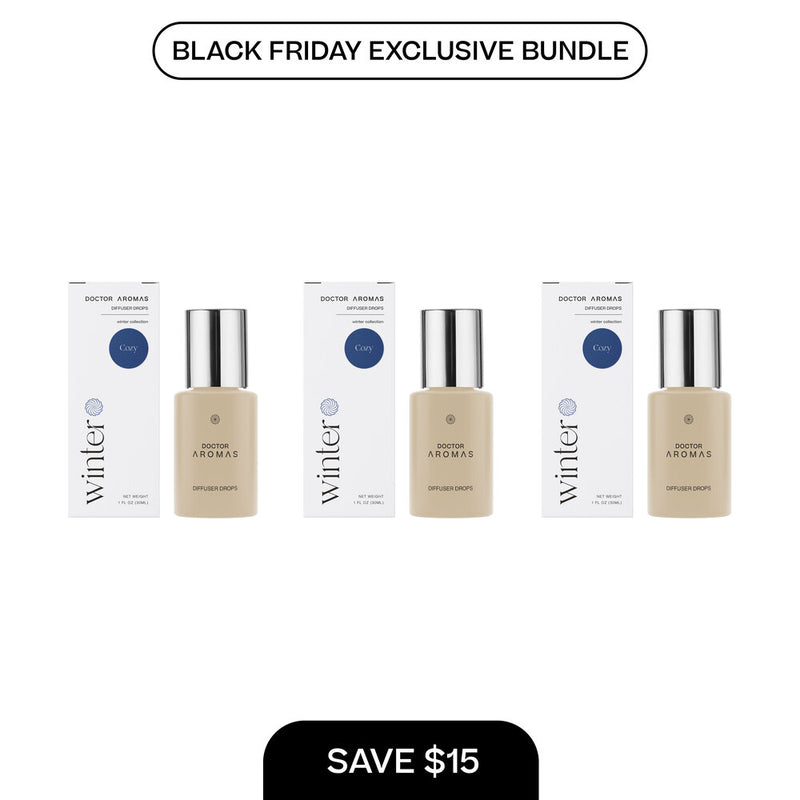 Three beige glass diffuser drop bottles with silver caps, each beside a white box labeled "Winter" and marked as a Black. - Diffuser Drops x3 | BFCM Exclusive Bundle - Hope - Doctor Aromas