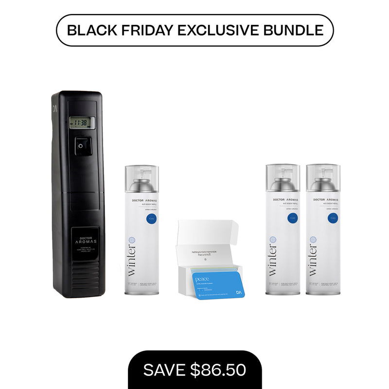 Black vertical A/C scenting dispenser with two white refill cans and a small open white box with blue label. - A/C Scenting System Pro + 2x 17.1 OZ Refills | BFCM Exclusive - Hope - Doctor Aromas