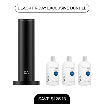 Black cylindrical aroma diffuser with DVA logo next to three 100ml white mist refill bottles labeled scent variety. - Aroma Diffuser 500 + 3x Mist Refill 100ml | BFCM Exclusive Bundle - Hope / Black - Doctor Aromas