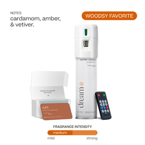 White Doctor Aromas A/C spray dispenser with remote, Dream scent card, and packaging box. - Doctor Aromas A/C Scenting System - A/C Spray Dispenser with Remote Control, Customizable Scent Experience, Vegan & Cruelty-Free, 17.1 oz Fragrance Oil, Whole Home Freshener, Battery Operated, Non-Toxic, Cosmetic Grade Scents - Hope® - Doctor Aromas