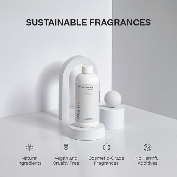 Two white cylindrical mist refill bottles labeled Dream with a clean, minimalist design on a white curved stand. - Mist Refill Twin Pack | Dream - Dream - Doctor Aromas