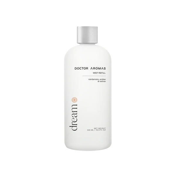 White cylindrical bottle with silver cap labeled Doctor Aromas Dream Mist Refill, 500 ml. - Mist Refill | Dream - Dream / 100 ml - Doctor Aromas