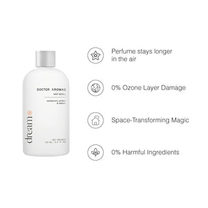 Two white matte bottles of Doctor Aromas Dream Mist Refill with silver caps and black text on a white background. - Mist Refill Twin Pack | Dream - Dream - Doctor Aromas