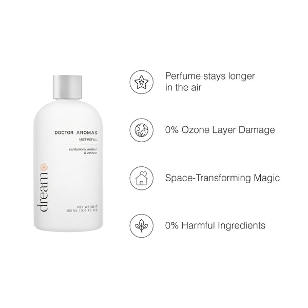 Two white matte bottles of Doctor Aromas Dream Mist Refill with silver caps and black text on a white background. - Mist Refill Twin Pack | Dream - Dream - Doctor Aromas