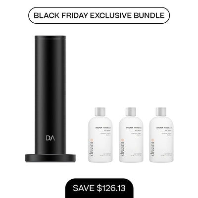 Tall matte black cylindrical aroma diffuser with DAC logo and three white 100ml mist refill bottles on a white background. - Aroma Diffuser 500 + 3x Mist Refill 100ml | BFCM Exclusive Bundle - Hope / Black - Doctor Aromas