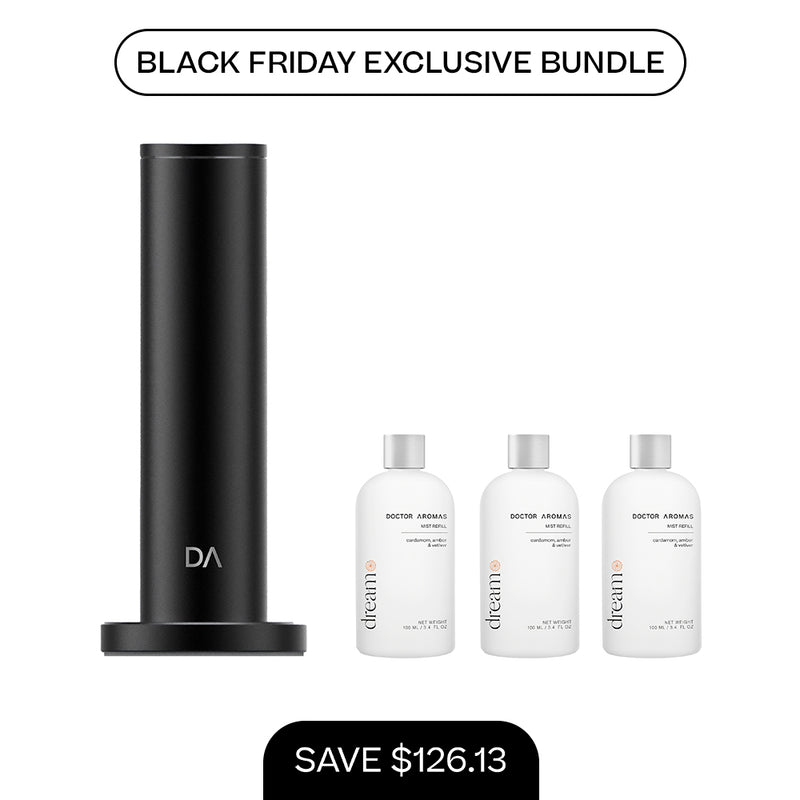 Tall matte black cylindrical aroma diffuser with DAC logo and three white 100ml mist refill bottles on a white background. - Aroma Diffuser 500 + 3x Mist Refill 100ml | BFCM Exclusive Bundle - Hope / Black - Doctor Aromas
