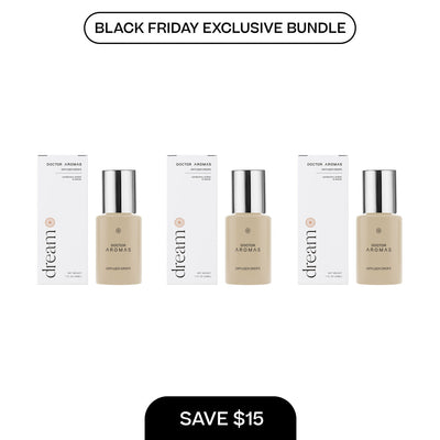 Three beige diffuser drop bottles with silver caps labeled Dream, each next to a white box with the same branding, arranged. - Diffuser Drops x3 | BFCM Exclusive Bundle - Hope - Doctor Aromas