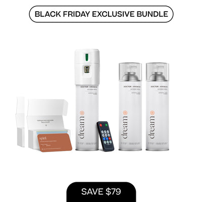 White A/C scenting system with Dream label, two 17.1 oz Dream refills, remote control, and open pack of scent cards on white . - A/C Scenting System + 2x 17.1 OZ Refills | BFCM Exclusive - Hope - Doctor Aromas