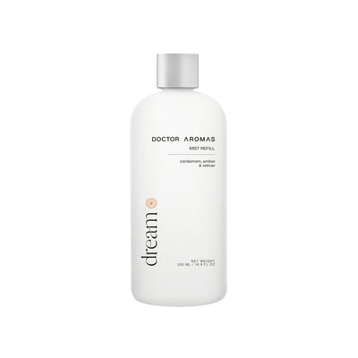 White 500ml Doctor Aromas Dream mist refill bottle with silver cap and minimalistic text.