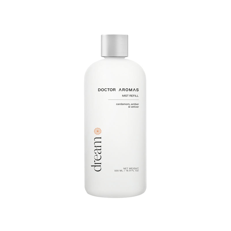 White 500ml Doctor Aromas Dream mist refill bottle with silver cap and minimalistic text.