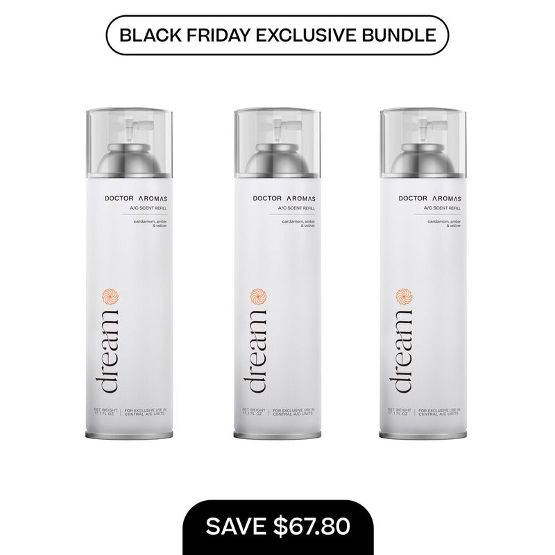 Three white 17.1 oz A/C scent refill bottles with clear caps, labeled Dream, bundled for Black Friday sale. - A/C Scent Refill 17.1 oz x3 | BFCM Exclusive Bundle - Hope - Doctor Aromas
