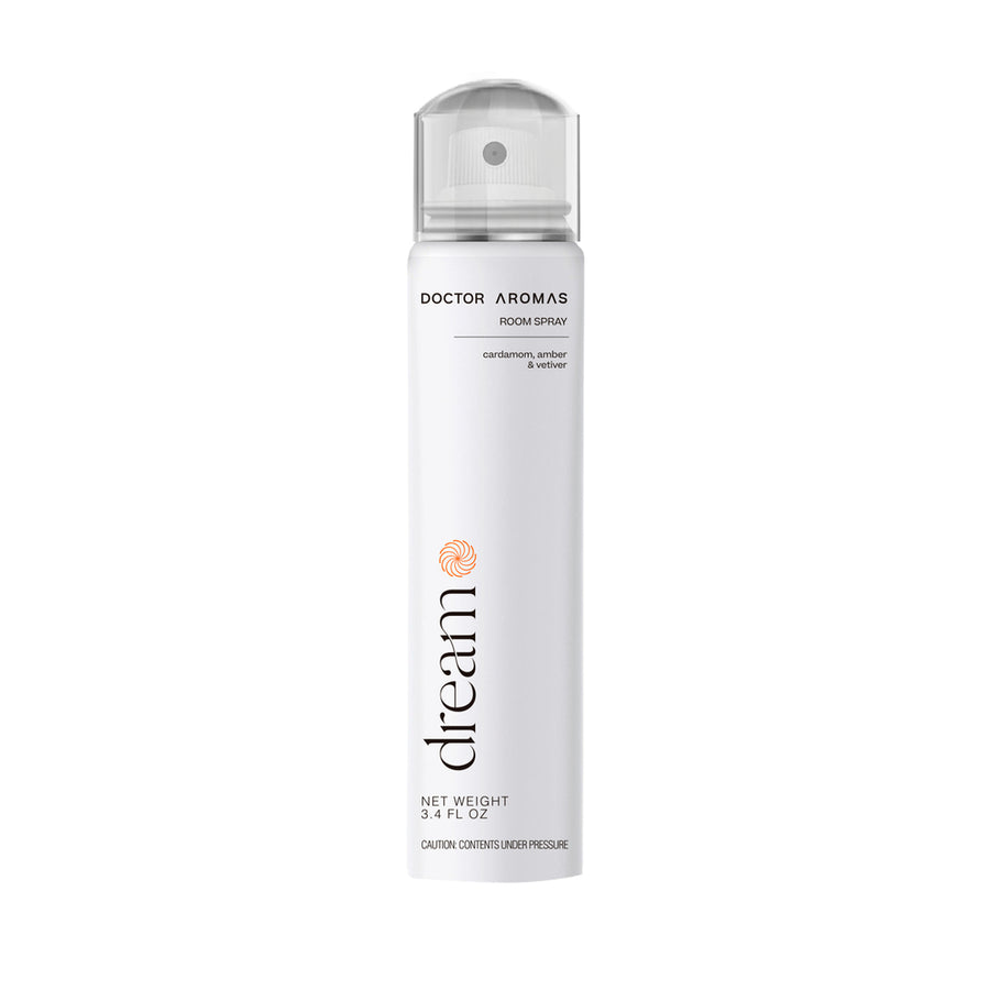 White cylindrical room spray bottle with clear cap and black text reading "dream" and "Doctor Aromas". - Room Spray | Dream - Dream - Doctor Aromas
