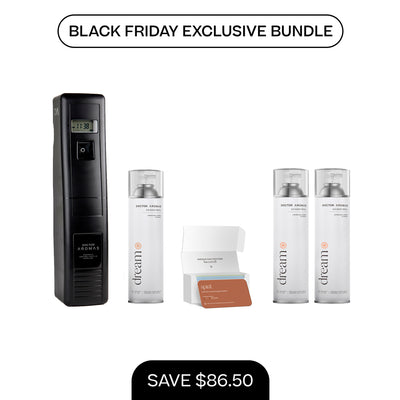 Black A/C Scenting System Pro with two white 17.1 oz refill bottles and open scent sample box. - A/C Scenting System Pro + 2x 17.1 OZ Refills | BFCM Exclusive - Hope - Doctor Aromas