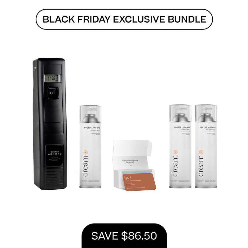 Black A/C Scenting System Pro with two white 17.1 oz refill bottles and open scent sample box. - A/C Scenting System Pro + 2x 17.1 OZ Refills | BFCM Exclusive - Hope - Doctor Aromas