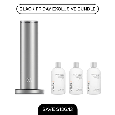 Silver cylindrical aroma diffuser with three 100ml clear mist refill bottles labeled "aroma diffuser". - Aroma Diffuser 500 + 3x Mist Refill 100ml | BFCM Exclusive Bundle - Hope / Black - Doctor Aromas