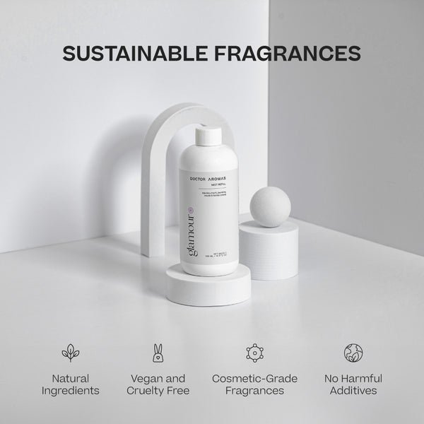 Two white mist refill bottles with minimal black text, displayed on white geometric stands against a light gray background. - Mist Refill Twin Pack | Glamour - Glamour - Doctor Aromas