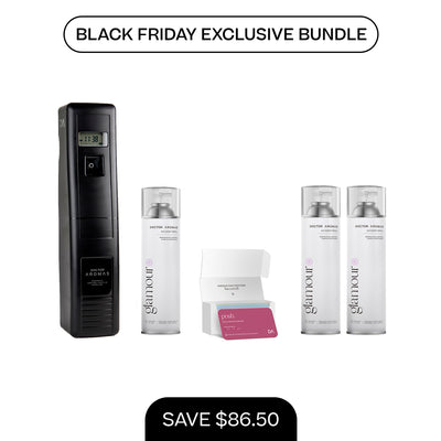 Black vertical A/C scenting system with digital display and four white refill bottles, Black Friday bundle label. - A/C Scenting System Pro + 2x 17.1 OZ Refills | BFCM Exclusive - Hope - Doctor Aromas