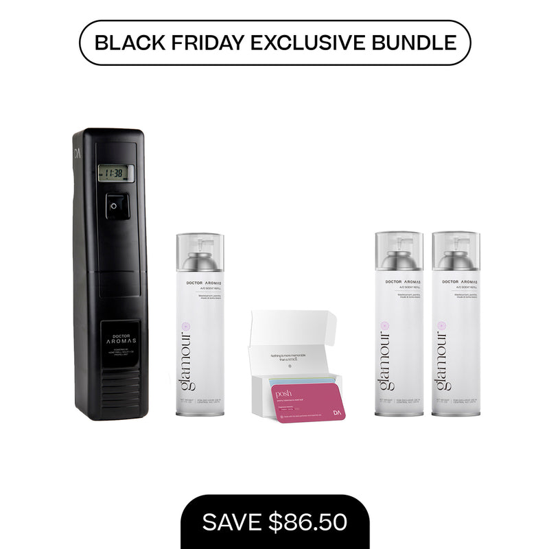 Black vertical A/C scenting system with digital display and four white refill bottles, Black Friday bundle label. - A/C Scenting System Pro + 2x 17.1 OZ Refills | BFCM Exclusive - Hope - Doctor Aromas