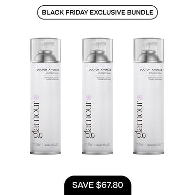 Three white cylindrical A/C scent refill bottles with clear caps labeled Glamour, arranged side by side on a white background. - A/C Scent Refill 17.1 oz x3 | BFCM Exclusive Bundle - Hope - Doctor Aromas