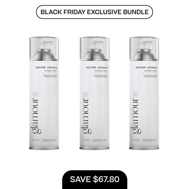 Three white cylindrical A/C scent refill bottles with clear caps labeled Glamour, arranged side by side on a white background. - A/C Scent Refill 17.1 oz x3 | BFCM Exclusive Bundle - Hope - Doctor Aromas