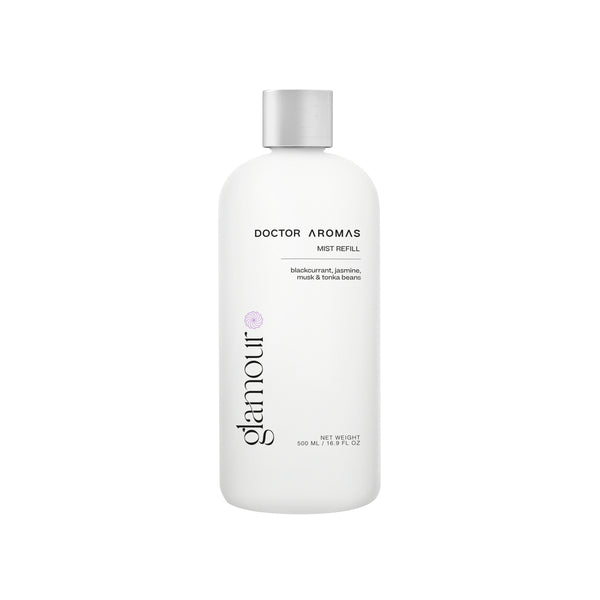 White 500ml Doctor Aromas Glamour mist refill bottle with silver cap and black text.