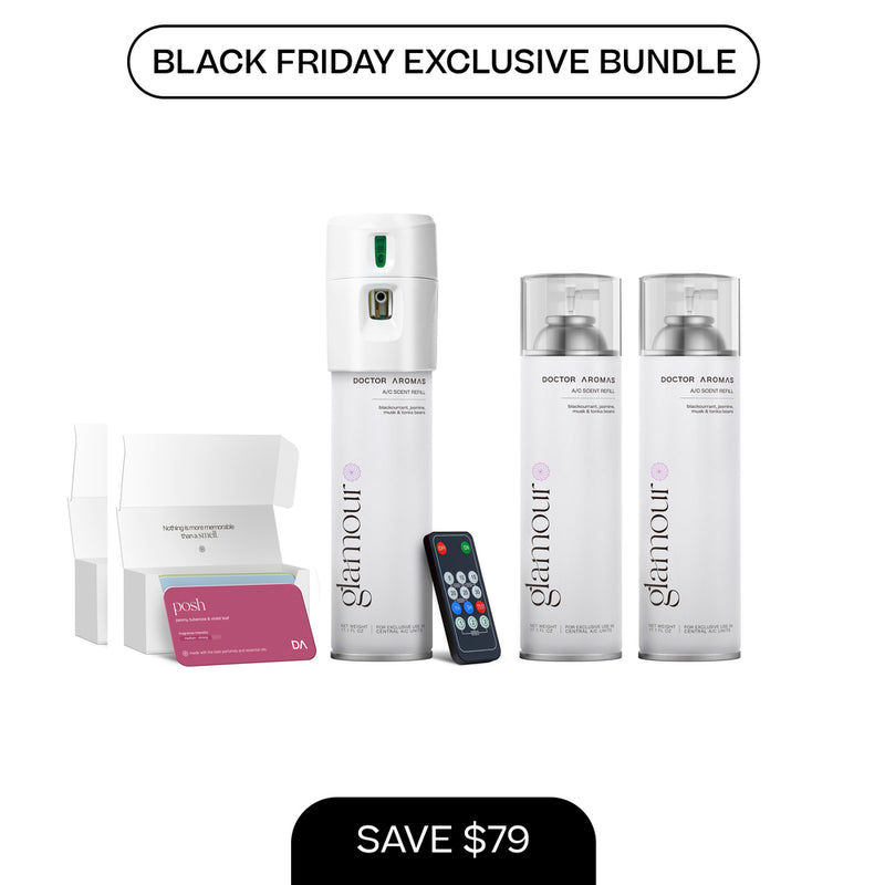 White A/C scenting system with two 17.1 oz Glamour refill bottles, remote, and perfume card. - A/C Scenting System + 2x 17.1 OZ Refills | BFCM Exclusive - Hope - Doctor Aromas