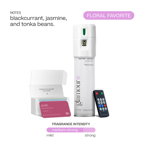 White cylindrical A/C spray dispenser labeled Glamour with remote control and open pink scent box labeled Hope. - Doctor Aromas A/C Scenting System - A/C Spray Dispenser with Remote Control, Customizable Scent Experience, Vegan & Cruelty-Free, 17.1 oz Fragrance Oil, Whole Home Freshener, Battery Operated, Non-Toxic, Cosmetic Grade Scents - Hope® - Doctor Aromas