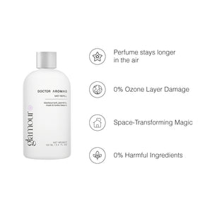 White bottle of Glamour plug-in diffuser refill with silver cap and minimalist black text on white background. - Plug-In Diffuser | Glamour - Glamour - Doctor Aromas