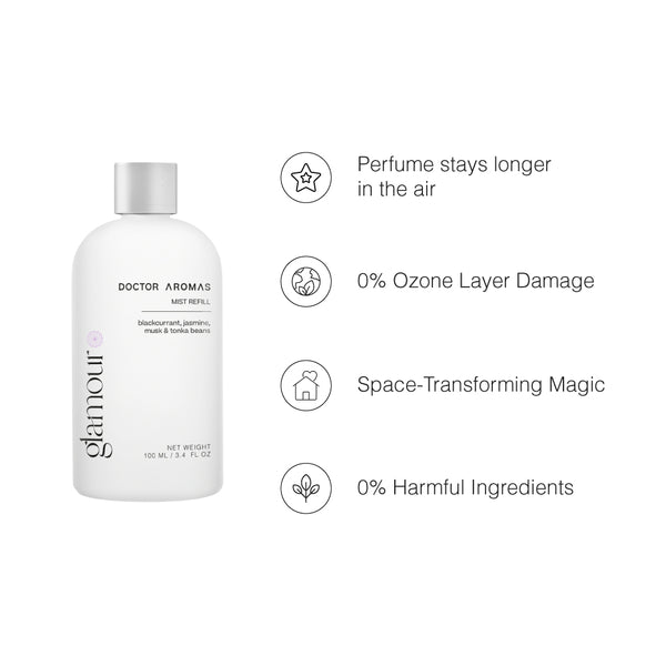 White bottle of Glamour plug-in diffuser refill with silver cap and minimalist black text on white background. - Plug-In Diffuser | Glamour - Glamour - Doctor Aromas