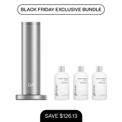 Silver cylindrical aroma diffuser with sleek base and three white 100ml mist refill bottles. - Aroma Diffuser 500 + 3x Mist Refill 100ml | BFCM Exclusive Bundle - Hope / Black - Doctor Aromas