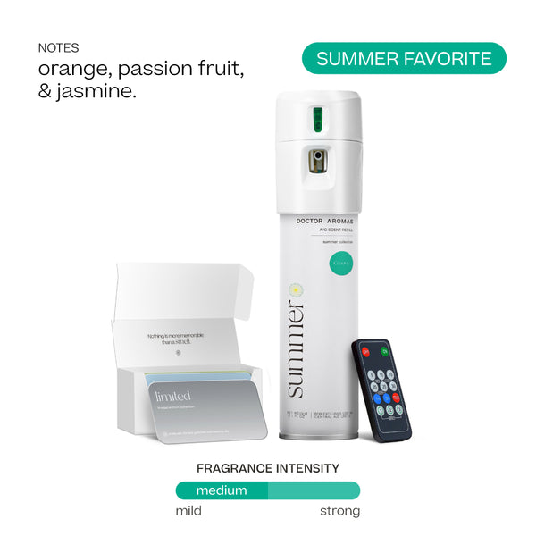 Doctor Aromas A/C spray dispenser in white with remote control and open packaging box, summer favorite scent label. - Doctor Aromas A/C Scenting System - A/C Spray Dispenser with Remote Control, Customizable Scent Experience, Vegan & Cruelty-Free, 17.1 oz Fragrance Oil, Whole Home Freshener, Battery Operated, Non-Toxic, Cosmetic Grade Scents - Hope® - Doctor Aromas