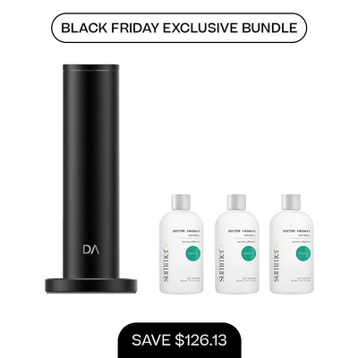Matte black cylindrical aroma diffuser with three white 100ml mist refill bottles on a white background. - Aroma Diffuser 500 + 3x Mist Refill 100ml | BFCM Exclusive Bundle - Hope / Black - Doctor Aromas