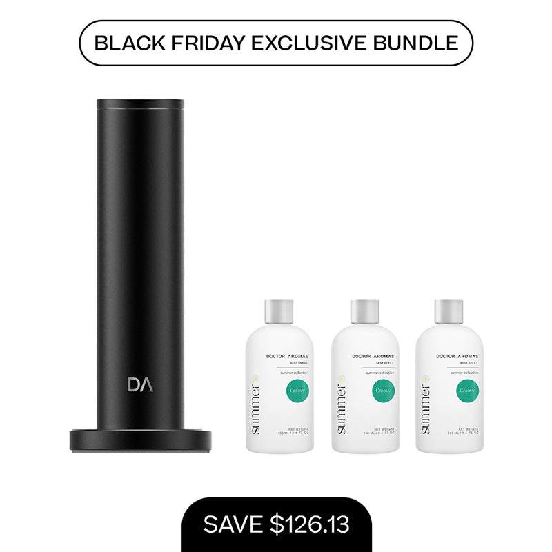 Matte black cylindrical aroma diffuser with three white 100ml mist refill bottles on a white background. - Aroma Diffuser 500 + 3x Mist Refill 100ml | BFCM Exclusive Bundle - Hope / Black - Doctor Aromas