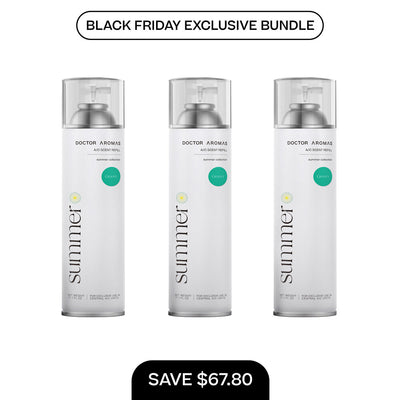 Three clear 17.1 oz A/C scent refill bottles with silver caps labeled Summer, Black Friday bundle text above and savings. - A/C Scent Refill 17.1 oz x3 | BFCM Exclusive Bundle - Hope - Doctor Aromas