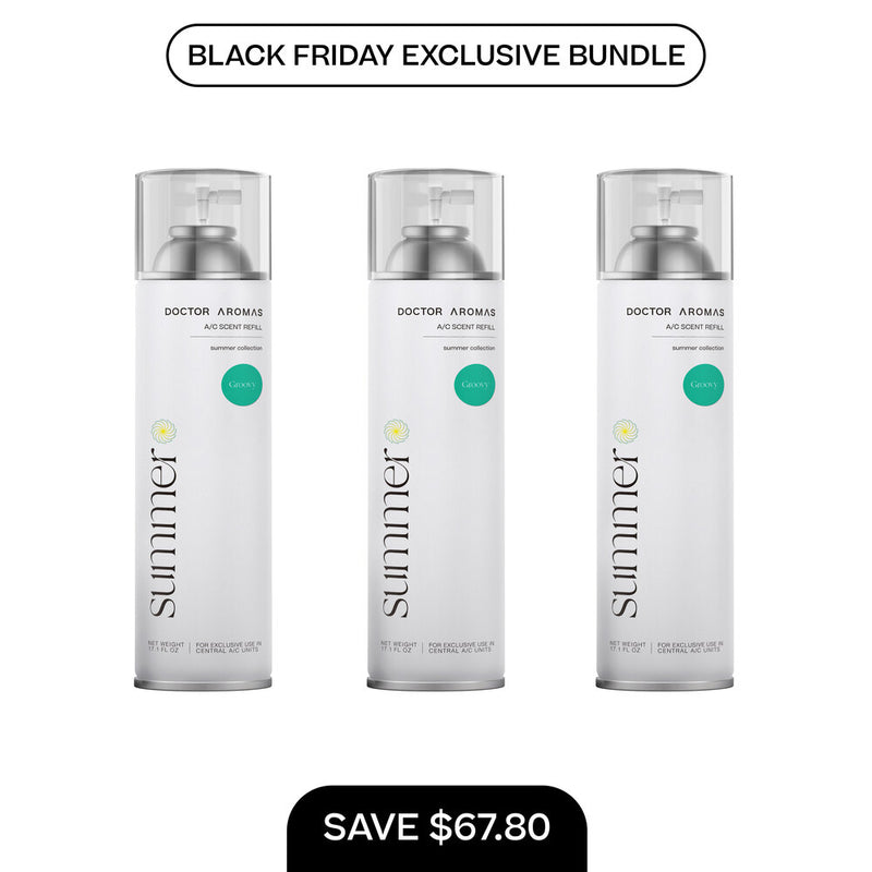 Three clear 17.1 oz A/C scent refill bottles with silver caps labeled Summer, Black Friday bundle text above and savings. - A/C Scent Refill 17.1 oz x3 | BFCM Exclusive Bundle - Hope - Doctor Aromas