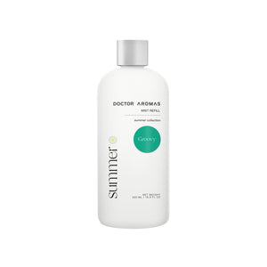 White cylindrical bottle with silver cap labeled Doctor Aromas Mist Refill Groovy, Summer brand, 500 ml. - Mist Refill | Groovy - Groovy / 100 ml - Doctor Aromas