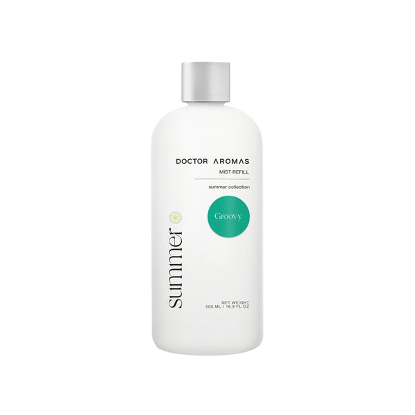White cylindrical bottle with silver cap labeled Doctor Aromas Mist Refill Groovy, Summer brand, 500 ml. - Mist Refill | Groovy - Groovy / 100 ml - Doctor Aromas