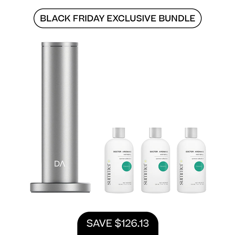Tall cylindrical silver aroma diffuser with three white 100ml mist refill bottles labeled with turquoise accents and black. - Aroma Diffuser 500 + 3x Mist Refill 100ml | BFCM Exclusive Bundle - Hope / Black - Doctor Aromas