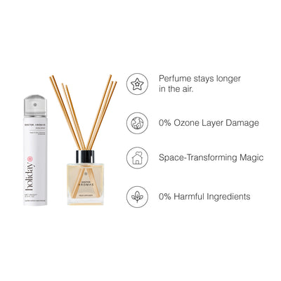 Holiday aroma set with reed diffuser and refill bottle, clear glass and natural wood sticks. - Aroma Set | Holiday - Holiday - Doctor Aromas