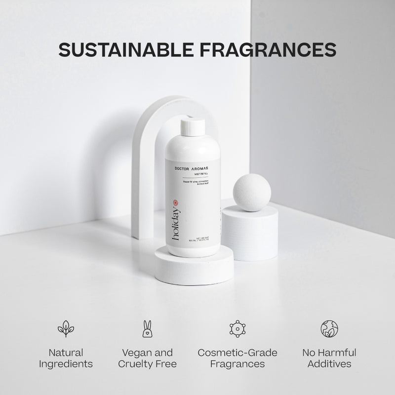 Two white cylindrical mist refill bottles with minimalistic labels on white platforms against a light background. - Mist Refill Twin Pack | Holiday - Holiday - Doctor Aromas