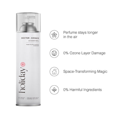 Tall white aerosol can labeled "Holiday" with clear plastic cap and modern minimalist design. - A/C Scenting System | Holiday - Holiday - Doctor Aromas