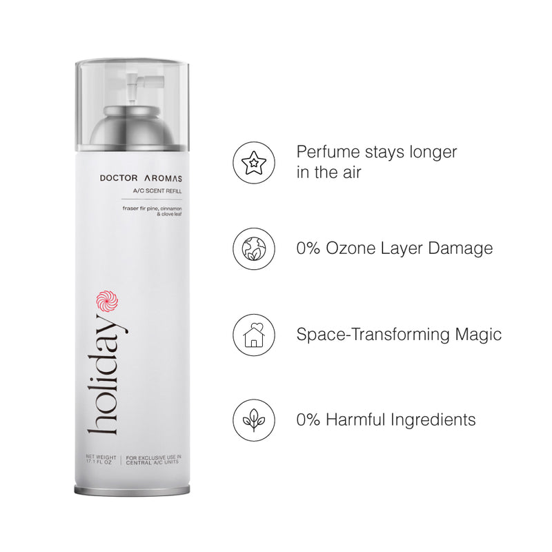 Tall white aerosol can labeled "Holiday" with clear plastic cap and modern minimalist design. - A/C Scenting System | Holiday - Holiday - Doctor Aromas