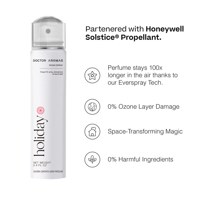 Holiday room spray can with white body and simple modern label design. - Room Spray Bundle | Holiday - Holiday / Pack of 2 - Save $6 - Doctor Aromas