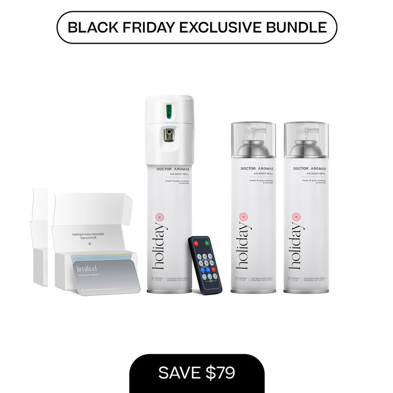 A/C scenting system with white dispenser, two 17.1 oz white refill cans labeled Holiday, and a black remote control. - A/C Scenting System + 2x 17.1 OZ Refills | BFCM Exclusive - Hope - Doctor Aromas